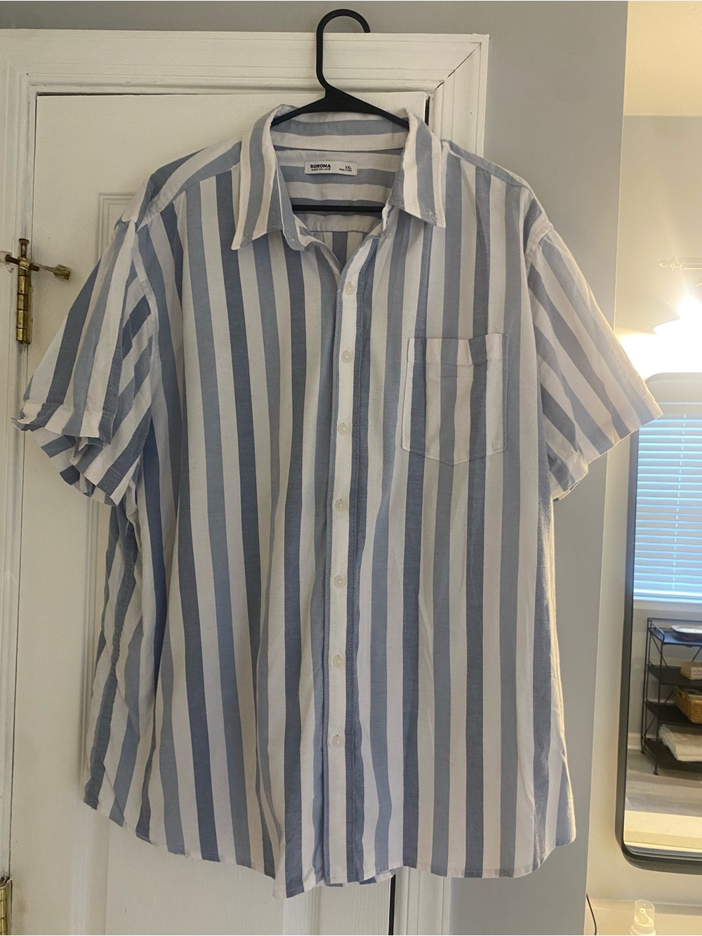 Men's Short Sleeve Button-Up Shirt - Blue & White Stripes